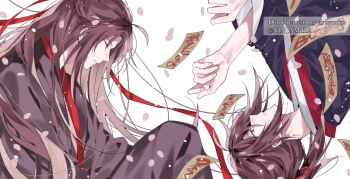 2boys ahoge black_hair black_hanfu blue_eyes brown_hair chinese_clothes closed_eyes dual_persona falling_petals from_above hair_down hair_ribbon half_updo hanfu highres hyottokoane light_particles long_hair long_sleeves looking_at_another lying male_focus modao_zushi multiple_boys official_alternate_hairstyle ofuda on_side parted_lips petals pink_petals ponytail profile red_ribbon ribbon robe rotational_symmetry sidelocks simple_background smile talisman time_paradox twitter_username upside-down watermark wei_wuxian wei_wuxian_(yiling_laozu) white_background wide_sleeves