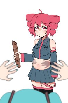 2girls ahoge aqua_hair baguette bare_shoulders belly black_shirt black_skirt black_sleeves black_thighhighs bread collared_shirt commentary detached_sleeves dochi_pi drill_hair fat_joke fatass_teto_(meme) food hand_shadow_covering_breasts_(meme) hatsune_miku highres holding holding_food kasane_teto kasane_teto_(utau) long_sleeves looking_at_viewer meme multiple_girls navel red_eyes red_hair shirt skirt sleeveless sleeveless_shirt thighhighs twin_drills untranslatable_commentary utau vocaloid white_background