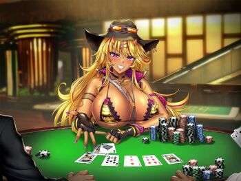 1girl 2boys action_taimanin alternate_costume bikini blonde_hair bracelet breasts bullets card dark-skinned_female dark_skin demon_girl fingerless_gloves francis_(taimanin_asagi) game_cg gloves grin hat indoors jewelry large_breasts lilith-soft long_hair looking_at_another looking_at_viewer multicolored_hair multiple_boys official_alternate_costume playing_card playing_games pointy_ears purple_eyes reaching reaching_towards_viewer saijou_satoru sheriff_badge shiny_skin sitting smile swimsuit taimanin_(series) tan very_long_hair yellow_bikini