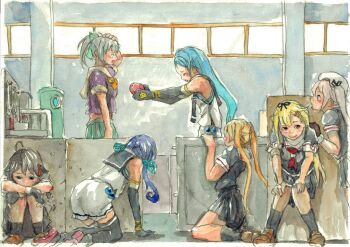 6+girls ahoge babunoki bare_shoulders beret black_gloves black_hair black_neckwear black_ribbon black_sailor_collar black_serafuku black_skirt black_socks blonde_hair blue_hair blue_ribbon blush bow bowtie box braid brown_hair cardboard_box closed_eyes column commentary elbow_gloves gift gift_wrapping gloves gradient_hair green_bow green_hair green_skirt grey_hair hair_bow hair_flaps hair_ornament hair_ribbon hairclip hand_on_own_head harusame_(kancolle) hat hiding hugging_own_legs indoors kantai_collection kneehighs kneeling leaning_forward loafers long_hair low_twintails multicolored_hair multiple_girls murasame_(kancolle) neckerchief open_mouth orange_neckwear painting_(medium) partially_fingerless_gloves peeking_out pillar pink_hair pleated_skirt ponytail red_neckwear remodel_(kantai_collection) ribbon sailor_collar samidare_(kancolle) school_uniform serafuku shigure_(kancolle) shirt shoes short_sleeves side_ponytail single_braid sitting skirt sleeveless sleeveless_shirt smile socks suzukaze_(kancolle) thighhighs traditional_media twintails valentine very_long_hair warehouse watercolor_(medium) workshop worktool yuubari_(kancolle) yuudachi_(kancolle)