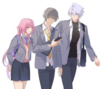 1girl 2boys ahoge alternate_costume bag black_sweater blue_skirt caelus_(honkai:_star_rail) cardigan coat collared_shirt commentary_request cyrene_(demiurge)_(honkai:_star_rail) cyrene_(honkai:_star_rail) denim grey_coat grey_hair highres honkai:_star_rail honkai_(series) jeans korean_commentary long_hair multicolored_hair multiple_boys necktie pants phainon_(honkai:_star_rail) pink_cardigan pink_hair purple_eyes purple_necktie school_bag shirt short_hair simple_background skirt sweater takoyaki_(ct_esb) trailblazer_(honkai:_star_rail) turtleneck turtleneck_sweater two-tone_hair very_long_hair viewer_holding_phone white_background white_hair white_shirt yellow_necktie