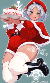 belt beret blush boots cake capelet christmas dark-skinned_female dark_skin food fur_trim green_eyes gundam gundam_suisei_no_majo happy hat highres holding holding_plate nekomiya_mizuki open_mouth plate red_hat santa_costume secelia_dote strawberry_shortcake thick_thighs thighhighs thighs white_fur white_hair white_nails white_thighhighs
