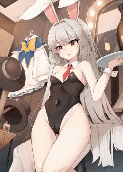 1girl animal_ears animated animated_gif awun bare_shoulders black_hat blinking breasts cameltoe covered_navel detached_collar fake_animal_ears grey_hair hair_intakes hat highres holding holding_tray long_hair mirror necktie open_mouth original playboy_bunny pointy_ears rabbit_ears red_eyes red_necktie small_breasts solo tray unworn_hat unworn_headwear very_long_hair white_wrist_cuffs wrist_cuffs