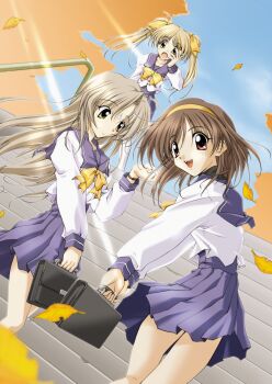 absurdres bag futami_shion high-waist_skirt highres ibuki_minamo imasaka_yue leaf looking_at_viewer looking_at_watch memories_off memories_off_1 non-web_source official_art open_mouth school_bag school_uniform skirt smile surprised wind