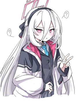 1girl ? black_hairband black_vest blue_archive blue_necktie bow hair_between_eyes hair_bow hairband halo highres jacket kei_(blue_archive) kei_(new_body)_(blue_archive) long_hair_between_eyes multicolored_jacket necktie rectangular_halo red_eyes ringed_eyes solo spoken_question_mark tachikaze_miyako two-tone_jacket v vest white_background