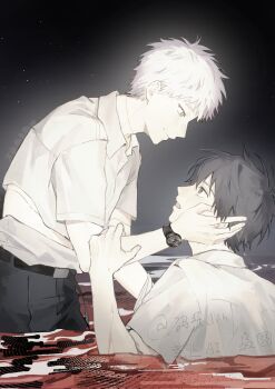 2boys black_hair blush collared_shirt eye_contact from_side glowing grey_eyes hand_on_another&#039;s_head hashtag-only_commentary highres hikaru_ga_shinda_natsu indou_hikaru light_blush light_smile looking_at_another male_focus meiko623 mole mole_under_mouth multiple_boys nose_blush partially_submerged scar scar_on_neck shirt shirt_tucked_in short_eyebrows short_hair short_sleeves slit_pupils teeth tsujinaka_yoshiki watch white_hair white_shirt wristwatch yaoi