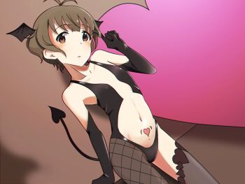 1boy akizuki_ryo antenna_hair asymmetrical_legwear black_gloves brown_eyes brown_hair demon_tail demon_wings elbow_gloves fishnet_pantyhose fishnets gloves hand_up head_wings heart heart_tattoo idolmaster idolmaster_dearly_stars looking_at_viewer male_focus mismatched_legwear navel neji_(nezi_hs) pantyhose pubic_tattoo solo standing tail tattoo thighhighs trap twirling_hair wings