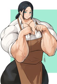 Rule 34 | absurdres, barista, black hair, breasts, cleavage, coffee, green eyes, highres, musctonk, muscular, muscular female, original, oversized forearms, oversized limbs, short hair, simple background, thick thighs, thighs, veins, veiny arms