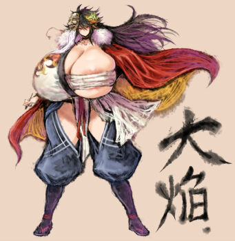 1girl 2b-ge areola_slip bandaged_chest bandages black_hair breasts brown_background cape character_request collarbone female_focus full_body gigantic_breasts hair_ornament highres japanese_text large_areolae long_hair looking_at_viewer mask mask_on_head purple_hair red_cape red_eyes shiny_skin smile solo thick_thighs thighs translation_request