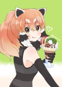 1girl absurdres animal_ears brown_hair cthun_n elbow_gloves extra_ears food gloves green_background green_eyes heart highres kemono_friends long_hair looking_at_viewer parfait ponytail red_panda_(kemono_friends) red_panda_ears red_panda_girl scarf simple_background sleeveless solo sweat sweater tongue tongue_out upper_body