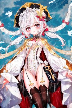 1girl a1u absurdres azur_lane black_thighhighs breasts commentary flandre_(azur_lane) grey_eyes groin hat highres leotard long_hair long_sleeves looking_at_viewer low_twintails open_mouth revision small_breasts solo thighhighs twintails white_hair white_leotard