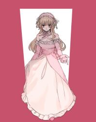 Rule 34 | 1girl, bare shoulders, beckoning, blonde hair, blush, breasts, cleavage, collar, commentary, doorway, dosa ( angrim5), dress, elbow gloves, frilled collar, frilled hairband, frills, gloves, hairband, halter dress, halterneck, highres, layered dress, long dress, long hair, looking at viewer, medium breasts, momoiro no kagi (vocaloid), outstretched hand, pink dress, pink eyes, pink gloves, red background, simple background, skirt hold, sleeveless, sleeveless dress, solo, vocaloid, white background, white dress