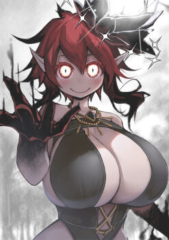 1girl black_hands breasts cleavage cleavage_cutout closed_mouth clothing_cutout colored_extremities colored_tips commentary_request curvy dark_persona double-parted_bangs flower flower_knight_girl glowing glowing_eyes hair_between_eyes hair_flower hair_ornament highres huge_breasts kintarou_(kintarou's_room) leotard long_pointy_ears looking_at_viewer multicolored_hair narrow_waist offering_hand plunging_neckline pointy_ears reaching reaching_towards_viewer red_eyes red_hair short_hair slit_pupils smile solo sparkle strapless strapless_leotard sun_(flower_knight_girl) tilted_halo umbrakinesis underbust upper_body wide_hips