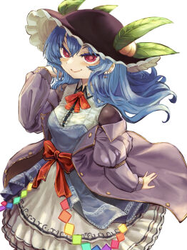 Rule 34 | 1girl, absurdres, alternate costume, black hat, blue dress, blue hair, bow, coat, commentary request, dress, dress bow, ear piercing, earrings, frilled dress, frills, hat, highres, hinanawi tenshi, jewelry, kaden (muxt8423), layered dress, long hair, looking at viewer, peach hat ornament, piercing, purple coat, purple eyes, red bow, simple background, smile, solo, touhou, two-tone dress, white background, white dress