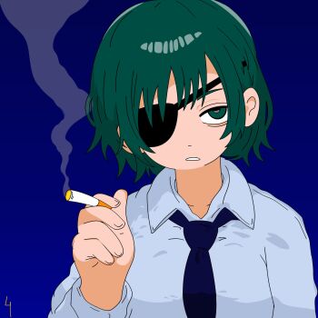 bad_link chainsaw_man eyepatch green_eyes green_hair highres himeno_(chainsaw_man) necktie smoking theuncledoomer