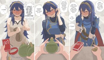 2girls absurdres anna_(fire_emblem) armor armpit_crease bare_shoulders blonde_hair blue_dress blue_eyes blue_gloves blue_hair blush borrowed_clothes bottomless breasts buying_condoms collar collarbone condom_box cowboy_shot dress ebinku english_text fingerless_gloves fire_emblem fire_emblem_awakening full-face_blush gloves grey_background grey_dress hair_between_eyes half-closed_eyes hand_up heavy_breathing highres long_hair long_sleeves looking_at_viewer lucina_(fire_emblem) money_bag multiple_girls nintendo open_mouth pointing pov shadow short_dress shoulder_armor sidelocks small_breasts speech_bubble sweat tiara torogao undershirt very_long_hair