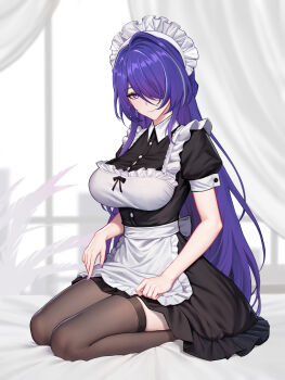 1girl absurdres acheron_(honkai:_star_rail) alternate_costume apron artist_name black_thighhighs breasts chinese_commentary collar commentary_request earrings enmaided hair_over_one_eye highres honkai:_star_rail honkai_(series) jewelry kneeling large_breasts large_variant_set long_hair looking_at_viewer maid maid_apron maid_headdress multicolored_hair on_bed paid_reward_available partial_commentary purple_eyes purple_hair seiza sitting smile solo streaked_hair thighhighs variant_set very_long_hair white_collar yunkaiming