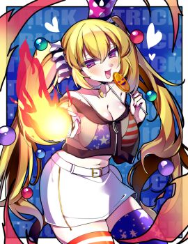 1girl aged_up alternate_breast_size_(larger) american_flag american_flag_bikini american_flag_legwear american_flag_print asymmetrical_legwear bikini blonde_hair blue_thighhighs breasts candy choker cleavage clownpiece clownpiece_(ultra_purified_hell_fairy) collarbone fishnets flag_print flag_print_bikini food hat holding holding_candy holding_food holding_lollipop holding_torch jacket kujou_mikuru large_breasts lollipop long_hair looking_at_viewer mismatched_legwear navel open_mouth pink_eyes polka_dot_headwear print_bikini red_thighhighs see-through_clothes skirt smile smug solo swimsuit thighhighs torch touhou touhou_lostword trick_or_treat twintails very_long_hair white_skirt