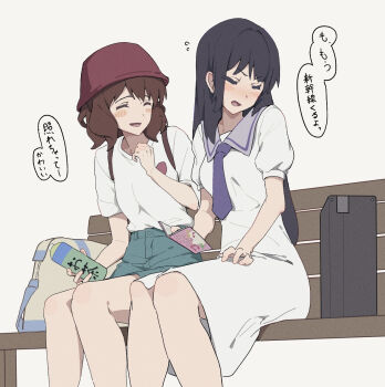 Rule 34 | 2girls, bag, bench, black hair, blue shorts, blush, bottle, brown hair, closed eyes, commentary request, dress, green tea, hibike! euphonium, highres, holding, holding bottle, kousaka reina, laughing, lie lack1080, medium hair, multiple girls, necktie, on bench, open mouth, oumae kumiko, park bench, purple necktie, purple sailor collar, sailor collar, shirt, shorts, simple background, sitting, smile, speech bubble, tea, translation request, white background, white dress, white shirt