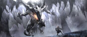 Rule 34 | 1other, absurdres, ambiguous gender, armor, asaki (asaki vision), ashen one (dark souls), breath weapon, breathing fire, dark souls (series), dark souls iii, darkeater midir, dragon, dragon horns, dragon wings, fantasy, fire, giant, giant monster, highres, holding, holding shield, holding sword, holding weapon, horns, monster, shield, sword, weapon, western dragon, wings