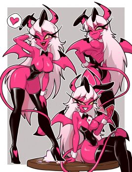 1girl animal_ears bare_shoulders black_boots black_bow black_bowtie black_leotard boots bow bowtie breasts card collar colored_sclera colored_skin commentary demon_girl demon_horns demon_tail demon_wings detached_collar english_commentary fake_animal_ears hashtag-only_commentary heart hellaverse helluva_boss high_heel_boots high_heels highres holding holding_card horns large_breasts leotard long_hair looking_at_viewer one_eye_closed pink_eyes pink_hair pink_skin playboy_bunny playing_card rabbit_ears sideboob sitting sitting_on_table smile solo spoken_heart strapless strapless_leotard ta-na_(tana351) tail thigh_boots verosika_mayday very_long_hair white_collar white_hair wings wrist_cuffs yellow_sclera