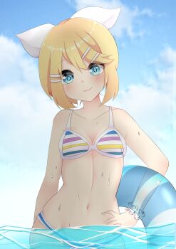 1girl alternate_costume bikini blonde_hair blue_eyes blush bow breasts collarbone hair_bow hair_ornament hairclip kagamine_rin navel samalilia scrunchie sky small_breasts solo striped_bikini striped_clothes swimsuit tube vocaloid water wet white_bow