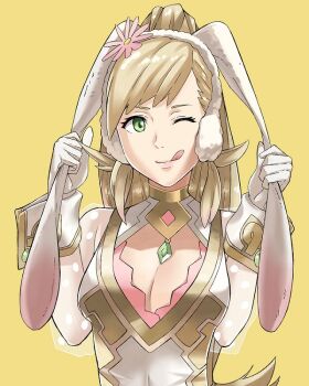 1girl animal_ears blonde_hair detached_collar fake_animal_ears female_focus fire_emblem fire_emblem_heroes green_eyes j@ck leotard long_hair looking_at_viewer nintendo open_mouth playboy_bunny rabbit_ears rabbit_tail sharena_(fire_emblem) sharena_(spring_princess)_(fire_emblem) simple_background smile solo strapless strapless_leotard tail white_background