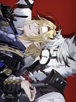 2boys absurdres animal_ears ascot black_coat black_gloves blonde_hair blue_necktie body_fur coat collared_vest colored_tips ear_piercing earrings fingerless_gloves from_side furry furry_male gloves gold_ring grey_vest hair_between_eyes half_gloves hand_grab highres hugo_vlad index_finger_raised jewelry lapel_pin long_hair looking_at_another male_focus mole mole_under_eye multicolored_hair multiple_boys multiple_rings muzzle_(mask) necktie open_mouth piercing pointy_ears purple_shirt red_ascot red_background red_eyes ring shirt short_hair sideways single_glove twitter_username vest von_lycaon white_fur white_hair wolf_boy wolf_ears yswt_moku zenless_zone_zero