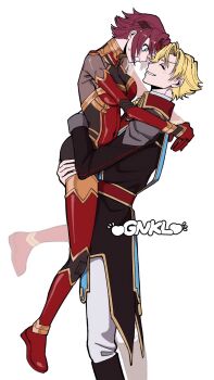 1boy 1girl armpit_crease artist_name bad_id bad_twitter_id blonde_hair carrying carrying_person clenched_teeth closed_eyes code_geass collared_coat collared_shirt couple covered_navel formal_clothes from_side gino_weinberg green_eyes hair_between_eyes happy headband heads_together hetero highres hug kouzuki_kallen leaning_back leaning_forward light_blush long_sleeves mecha_pilot_suit military_uniform nmexemn pants parted_bangs purple_hair shade shirt short_hair simple_background smile standing suit surprised sweat teeth white_background white_pants wide-eyed