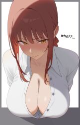 Rule 34 | 1girl, blush, breast rest, breasts, chainsaw man, cleavage, commentary, english commentary, english text, highres, large breasts, looking at viewer, makima (chainsaw man), orange eyes, outside border, raian (adji213), red hair, ringed eyes, shirt, sidelocks, solo, sweatdrop, upper body, white shirt