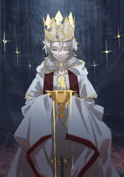 1boy albedo_(genshin_impact) alternate_costume blue_eyes blurry blurry_foreground cathedral church commentary crown cup empty_eyes genshin_impact grey_hair highres holding holding_cup indoors light_smile liquid long_sleeves looking_at_object looking_down low_twintails male_focus medium_hair overflowing red_trim robe smoke solo spill stained_glass star_(symbol) straight-on tremeo1 twintails white_robe