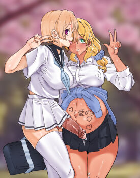black_skirt blonde_hair body_writing covered_erect_nipples earrings full-package_futanari futa_with_female futanari green_eyes gyaru half-erect heart heart_earrings highres jewelry looking_at_viewer medium_hair navel nipples orange_hair original outie_navel panzermeido pleated_skirt precum pregnant purple_eyes short_hair skirt tan tongue tongue_out v white_skirt