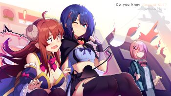 3girls absurdres adachi_sakura adachi_to_shimamura ahoge alternate_costume angry black_cape black_shirt black_thighhighs blue_hair bow bowtie breasts brooch brown_eyes brown_hair cape chiyoda_momo cleavage commentary_request cosplay costume_switch crisis_management_form_(machikado_mazoku) crop_top curled_horns demon_girl demon_tail detached_collar detached_sleeves eye_contact fingerless_gloves frilled_sleeves frills glaring gloves green_eyes grey_gloves hair_ornament heart heart_brooch highres horns indoors jealous jewelry kitou_akari large_breasts lilith_(homunculus)_(machikado_mazoku) lilith_(machikado_mazoku) looking_at_another machikado_mazoku multiple_girls open_mouth pink_bow pink_bowtie pink_hair school_uniform shirt short_hair side_part tail tail_wrap thighhighs voice_actor_connection wavy_mouth wide_sleeves x_hair_ornament yoshida_yuuko zhanzhangzlw