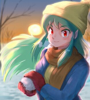 1girl artist_name bare_tree beanie blue_coat breath brown_scarf closed_mouth coat commentary_request gloves green_hair hat highres holding holding_snowball long_hair looking_at_viewer lum miz_mus pointy_ears pom_pom_(clothes) pom_pom_beanie red_eyes red_gloves scarf shirt sidelocks sky smile snow snowball solo standing sun sunset tree twitter_username upper_body urusei_yatsura winter_clothes winter_coat yellow_hat yellow_shirt