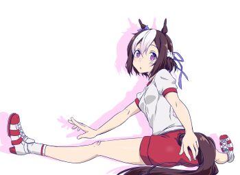 1girl animal_ears asagi501 bandaid bandaid_on_knee bandaid_on_leg blue_buruma boots bow braid breasts brown_hair buruma commentary_request double-parted_bangs drop_shadow ear_bow full_body gym_uniform hair_between_eyes hair_ribbon half_up_braid high_heel_boots high_heels highres horse_ears horse_girl horse_tail looking_at_viewer looking_back multicolored_boots multicolored_hair official_alternate_costume parted_lips purple_bow purple_eyes red_boots red_buruma ribbon shoes short_hair simple_background small_breasts sneakers solo special_week_(umamusume) stretching tail textless_version tracen_training_uniform translation_request two-tone_boots two-tone_hair umamusume white_background white_boots white_hair