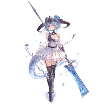 1girl alpha_transparency armored_boots blue_hair boots breasts derivative_work detached_sleeves dress filene_(shadowverse) flower garter_straps granblue_fantasy hair_flower hair_ornament holding holding_weapon horns medium_breasts medium_hair official_art pointy_ears purple_eyes solo tail thigh_boots thighhighs weapon white_dress