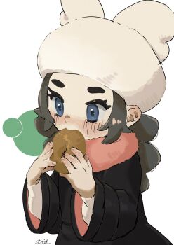 1girl ansha_(pokemon) blue_eyes blush braid coat donut eating food grey_hair hat pokemon pokemon_legends:_z-a scarf solo upper_body white_background wndfltnp