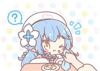 Rule 34 | 1girl, 1other, ;t, ?, aged down, ahoge, beret, blue bow, blue hair, blush stickers, bow, chibi, closed mouth, commentary request, flower, food, food on face, fur trim, gradient hair, hair flower, hair ornament, hat, heart, heart ahoge, holding, holding spoon, hololive, long hair, mitarashi neko, multicolored hair, multicolored polka dots, notice lines, one eye closed, out of frame, pink hair, plate, pointy ears, polka dot, polka dot background, shirt, solo focus, spoken question mark, spoon, streaked hair, very long hair, virtual youtuber, wavy mouth, white background, white flower, white hat, white shirt, yukihana lamy, yukihana lamy (1st costume)