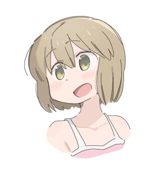 1girl bare_shoulders blonde_hair blush_stickers camisole city_(arawi_keiichi) collarbone commentary cropped_torso dot_nose green_eyes hair_between_eyes highres looking_to_the_side niikura_(city) open_mouth pink_camisole short_hair simple_background smile solo upper_body white_background wichimi