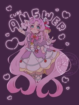 Rule 34 | 1girl, ahoge, akechi anna, aqua trim, back bow, bare shoulders, blue eyes, blush, bow, brooch, buttons, character name, closed mouth, commentary, cropped legs, cure answer, dark background, double-breasted, double bun, double v, dress, earrings, english text, fingerless gloves, gloves, gold buttons, hair bun, hair flaps, hair intakes, hair ornament, hands up, heart, heart brooch, highres, impossible hair, jewelry, layered dress, legs together, long hair, looking at viewer, magical girl, medium dress, meitantei precure!, off-shoulder dress, off shoulder, pact holder, pleated dress, pouch, precure, puni2 kuru2, purple bow, purple dress, purple gloves, purple hair, purple theme, purple thighhighs, sidelocks, smile, solo, text background, thick eyebrows, thighhighs, v, v over head, very long hair, watermark, wing hair ornament, yellow bow