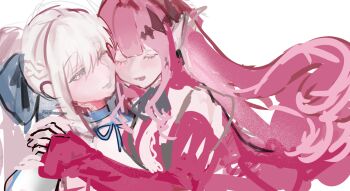 Rule 34 | 2girls, baobhan sith (fate), baobhan sith (first ascension) (fate), closed eyes, commission, commissioner upload, detached sleeves, dress, fate/grand order, fate (series), hair ornament, highres, hug, morgan le fay (fate), morgan le fay (second ascension) (fate), mother and daughter, multiple girls, non-web source, pink hair, pointy ears, ponytail, red dress, resenri, sketch, smile, white hair