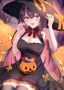 1girl :d absurdres armpits azki_(hololive) bare_shoulders black_dress bow breasts brown_hair candy claw_pose cleavage cleavage_cutout clothing_cutout colored_inner_hair dress food hair_between_eyes halloween hat highres hiku_rai hololive jack-o&#039;-lantern large_breasts long_hair looking_at_viewer mole mole_under_eye multicolored_hair nail_polish open_mouth pantyhose pink_hair pink_nails pumpkin purple_eyes sitting sleeveless sleeveless_dress smile very_long_hair virtual_youtuber white_hair witch witch_hat