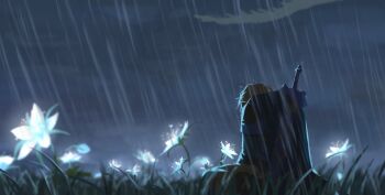 1boy blonde_hair blue_flower cloud cloudy_sky dragon field flower flower_field grass head_down highres kneeling light_dragon_(zelda) link male_focus master_sword mulsu_ww nintendo outdoors pointy_ears rain sad silent_princess sky sword sword_on_back the_legend_of_zelda the_legend_of_zelda:_tears_of_the_kingdom weapon weapon_on_back