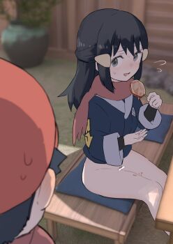 1boy 1girl akari_(pokemon) bar_censor bench black_hair black_shirt blurry blush bottomless censored commentary_request cushion day eating exhibitionism female_pubic_hair flying_sweatdrops food food_on_body food_on_legs grass grey_eyes hair_ornament hairclip hat holding jacket logo long_hair nervous_smile nintendo open_mouth outdoors pokemon pokemon_legends:_arceus pubic_hair public_indecency rei_(pokemon) samidare_(hoshi) scarf shirt sidelocks sitting smile sweat table