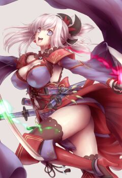 armpits ass asymmetrical_hair blue_eyes breasts cleavage detached_sleeves earrings fate/grand_order fate_(series) hair_ornament high_heels highres japanese_clothes jewelry jumping katana kimono large_breasts long_hair long_sleeves magatama miyamoto_musashi_(fate) navel open_mouth pink_hair ponytail sheath sheathed solo sword thighhighs thighs uguisu_kagura unsheathed weapon