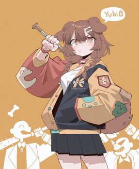 1girl 2others absurdres alternate_costume angry animal_ears arm_up arms_up baseball_bat black_skirt blush bone bone_hair_ornament bracelet braid breasts brown_background brown_eyes brown_hair character_print cocomayo29_(tomato) collar commentary cowboy_shot delinquent dog_ears dog_girl dog_tail frown hair_ornament hand_in_pocket highres holding holding_baseball_bat hololive inugami_korone jacket jewelry kamina_shades listener_(inugami_korone) long_sleeves looking_at_viewer matching_hair/eyes medium_breasts medium_hair miniskirt multiple_others nail_(hardware) nail_bat pikipiki_piiman_(inugami_korone) pleated_skirt red_collar shirt simple_background skirt solo_focus speech_bubble standing sukeban tail twin_braids virtual_youtuber white_shirt wristband yubi_yubi_(inugami_korone)