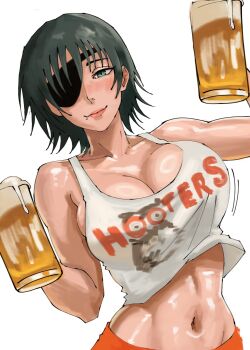 1girl alcohol bare_shoulders beer breasts chainsaw_man closed_mouth collarbone drink eyepatch female_focus green_eyes green_hair himeno_(chainsaw_man) holding holding_drink hooters large_breasts light_blush looking_at_viewer navel shiny_skin shisoa simple_background smile stomach upper_body white_background
