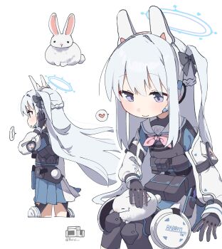1girl animal_ear_headphones animal_ears black_gloves blue_archive bow braid buivi bulletproof_vest fake_animal_ears gloves hair_bow half_up_braid halo headphones highres jacket long_hair miyako_(blue_archive) multiple_views neckerchief pink_neckerchief pouch rabbit rabbit_ear_headphones rabbit_ears sailor_collar side_ponytail simple_background white_background white_hair white_jacket white_sailor_collar