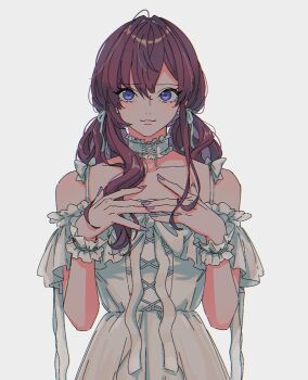 Rule 34 | 1girl, choker, closed mouth, commentary, commentary request, dress, earrings, fingernails, frilled choker, frills, hair between eyes, hdksz 39, ichinose shiki, idolmaster, idolmaster cinderella girls, jewelry, long fingernails, looking to the side, purple eyes, purple hair, purple nails, simple background, smile, solo, twintails, white background, white dress