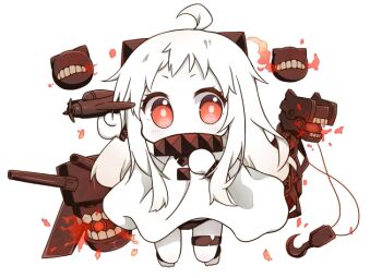 Rule 34 | 10s, 1girl, abyssal ship, ahoge, aircraft, airplane, black panties, chibi, colored skin, covered mouth, dress, female focus, holding, horns, kantai collection, long hair, looking at viewer, mittens, nipeira, northern ocean princess, panties, red eyes, rigging, ship turret, simple background, solo, underwear, white background, white dress, white hair, white skin